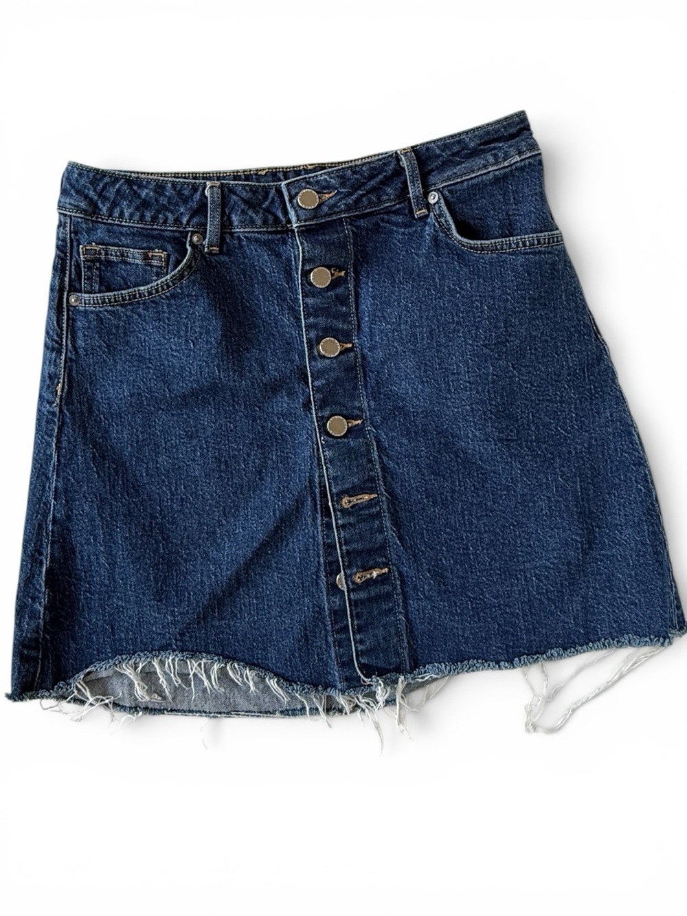 H & M Button-Front Dark Raw Edge Frayed Denim Mini Skirt - Blue